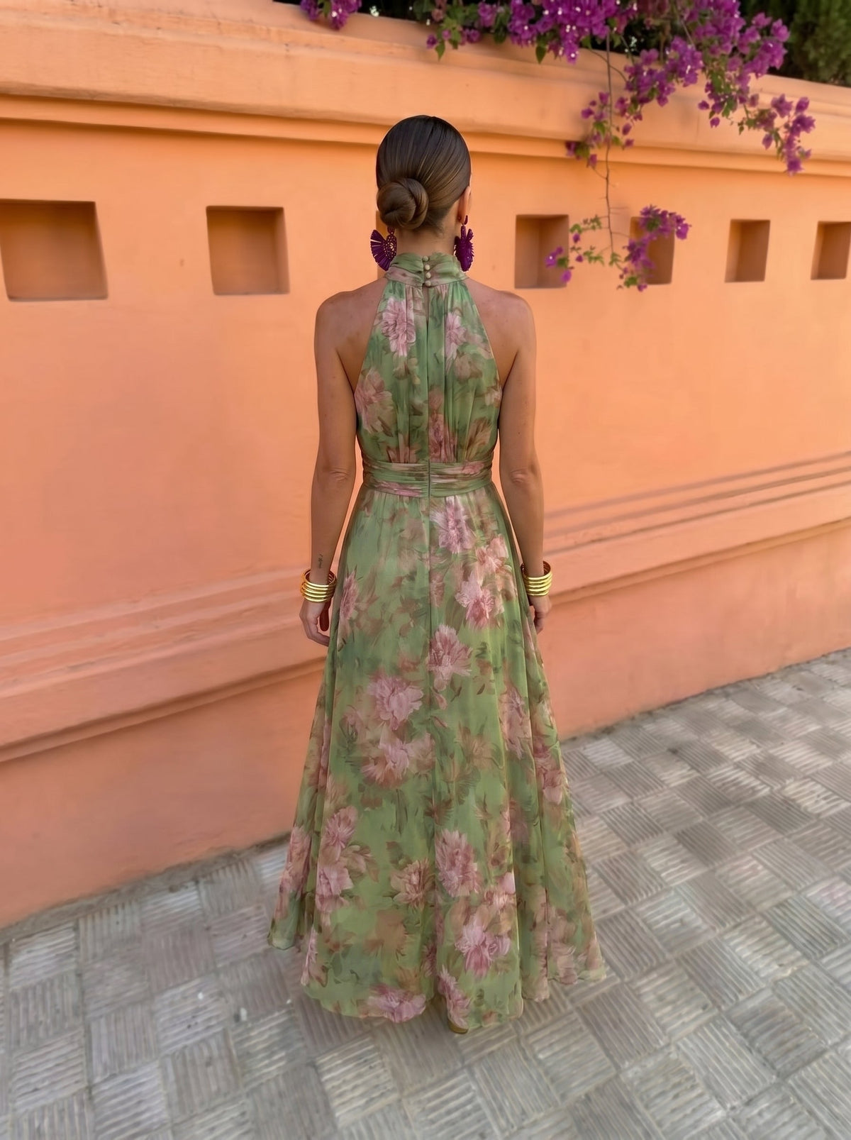Vestido largo floral verde vista completa
