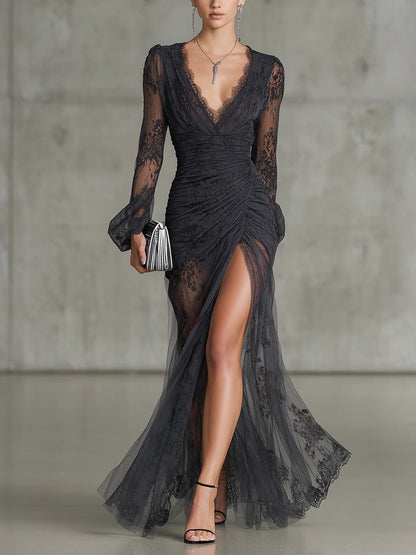 Tessa | Vestido Transparente de Encaje Fruncido