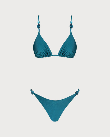 Conjunto de bikini triangular con fruncidos en color turquesa