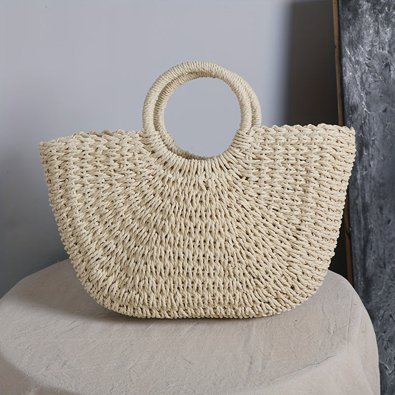 Ottavia | Bolso en forma de media luna de paja trenzada beige natural