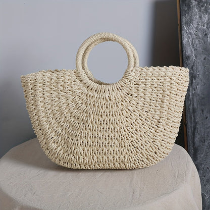 Ottavia | Bolso en forma de media luna de paja trenzada beige natural