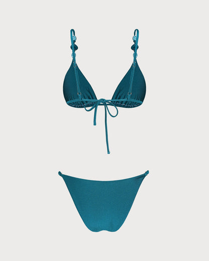 Conjunto de bikini triangular con fruncidos en color turquesa