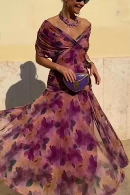 Vestido largo floral gasa detalle escote