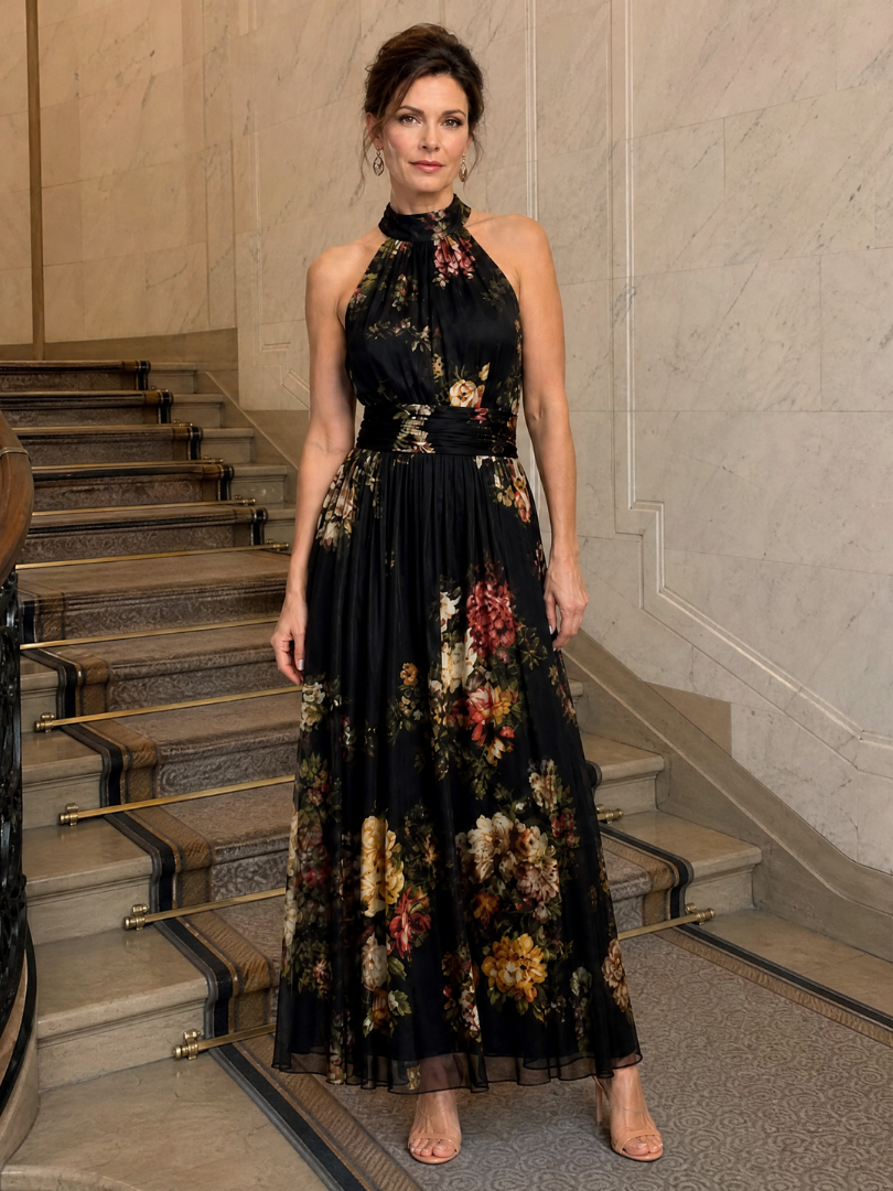 Sior | Vestido Midi Floral con Cuello Halter