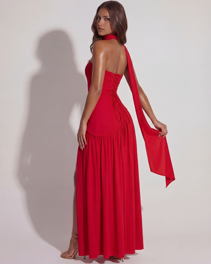 CARMEN - Vestido Maxi Rojo con Corpiño Esculpido y Chifón