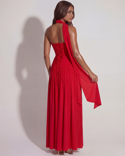 CARMEN - Vestido Maxi Rojo con Corpiño Esculpido y Chifón