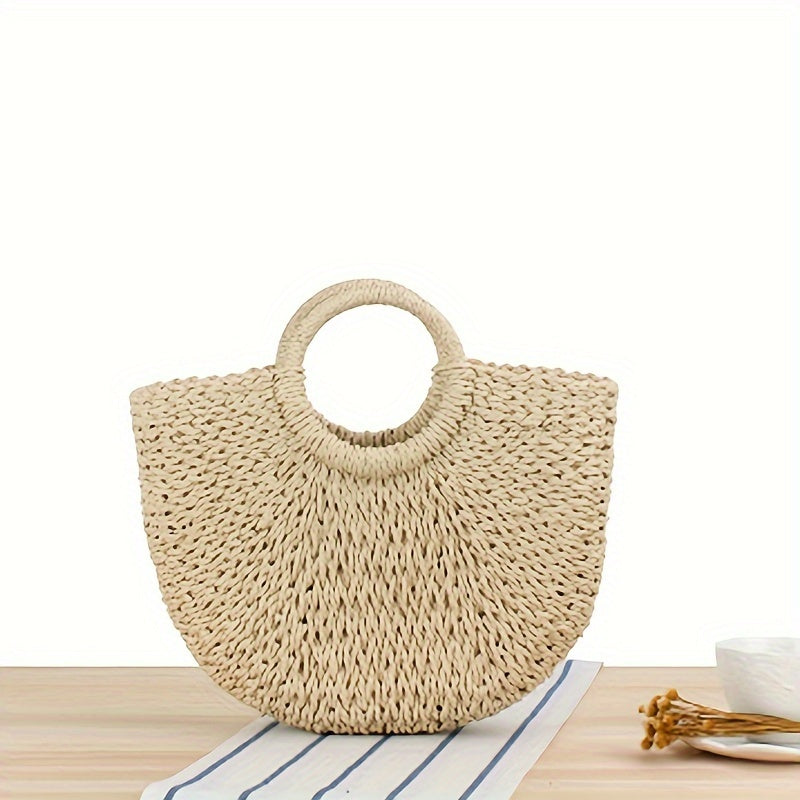 Ottavia | Bolso en forma de media luna de paja trenzada beige natural