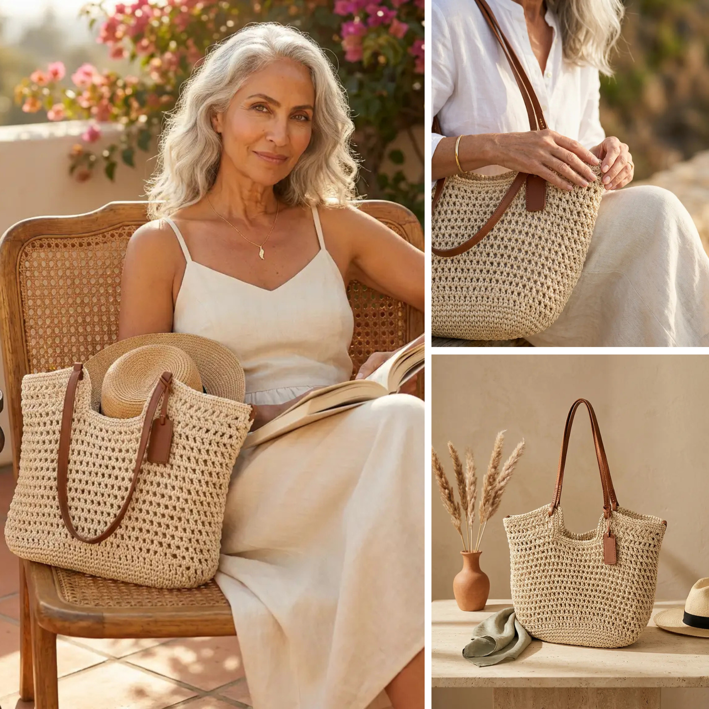 Camelia | Bolsa shopper tejida a mano con ganchillo - Marfil