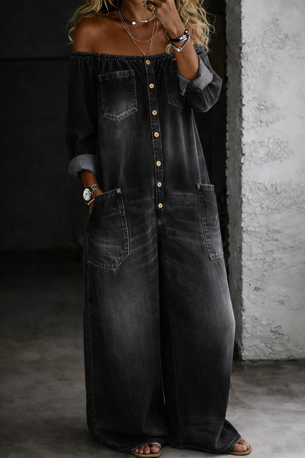 Elena | Mono Denim de Hombros Descubiertos