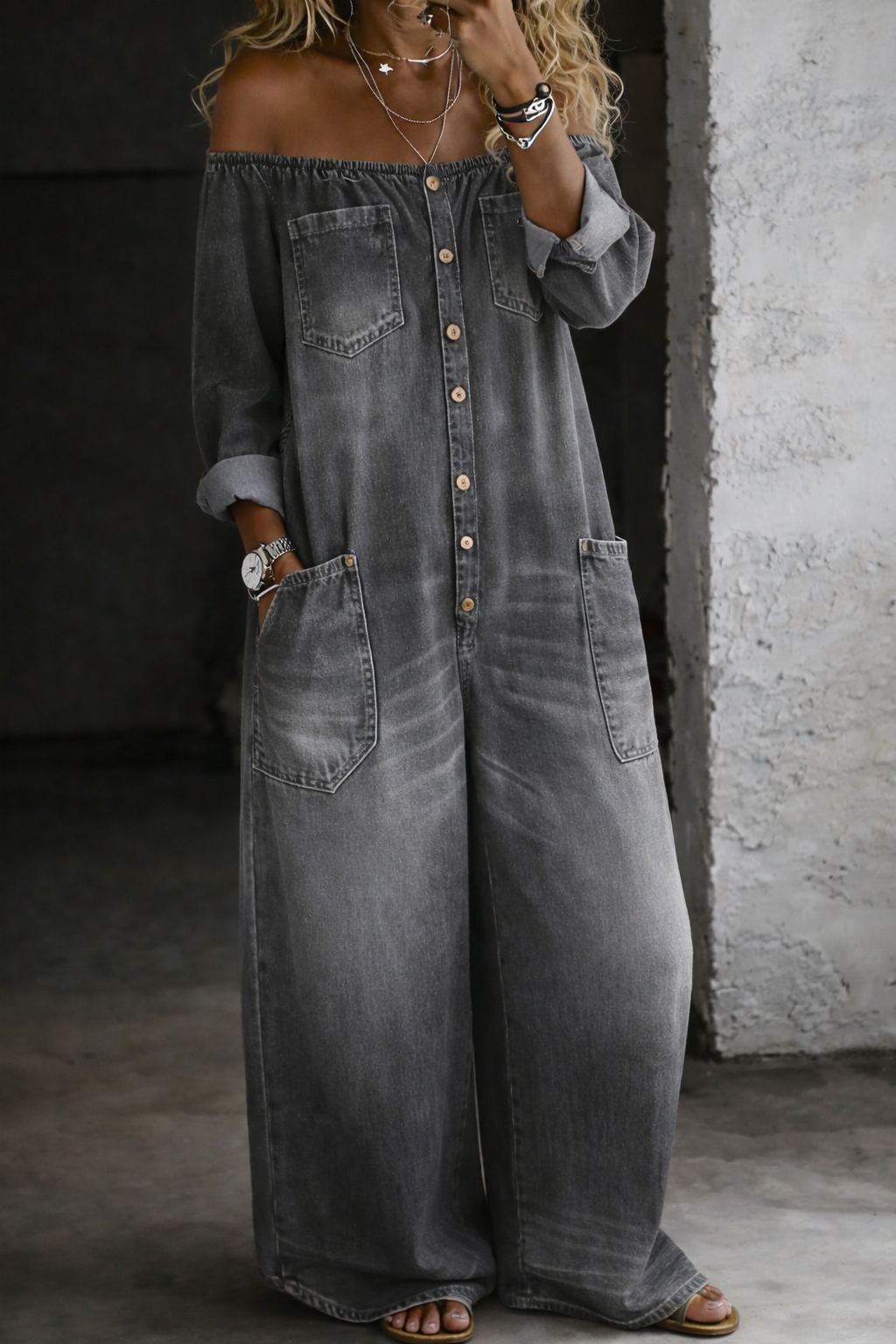 Elena | Mono Denim de Hombros Descubiertos