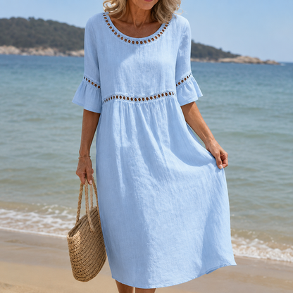Helena | Vestido largo de lino con efecto vientre plano – Elegancia y comodidad a lo largo del día