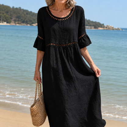 Helena | Vestido largo de lino con efecto vientre plano – Elegancia y comodidad a lo largo del día