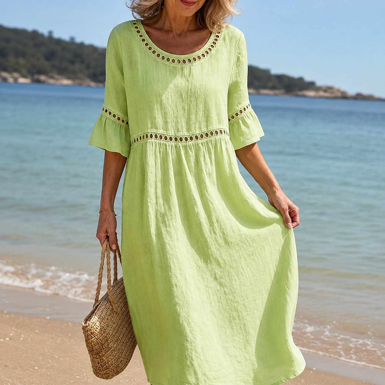 Helena | Vestido largo de lino con efecto vientre plano – Elegancia y comodidad a lo largo del día