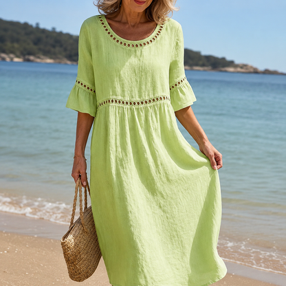 Helena | Vestido largo de lino con efecto vientre plano – Elegancia y comodidad a lo largo del día