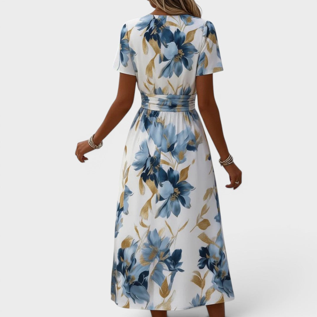 Elara | Vestido Midi Cruzado Floral con Cintura Ajustada