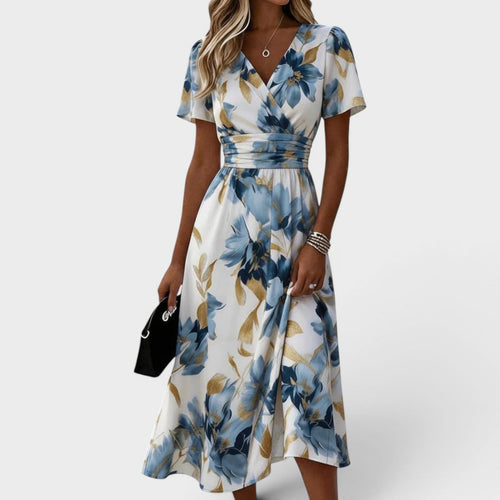 Elara | Vestido Midi Cruzado Floral con Cintura Ajustada