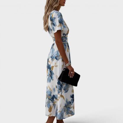 Elara | Vestido Midi Cruzado Floral con Cintura Ajustada