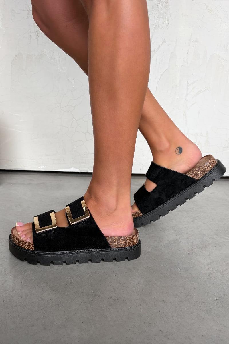 Sandalias Marina con Hebilla Dorada - Negro