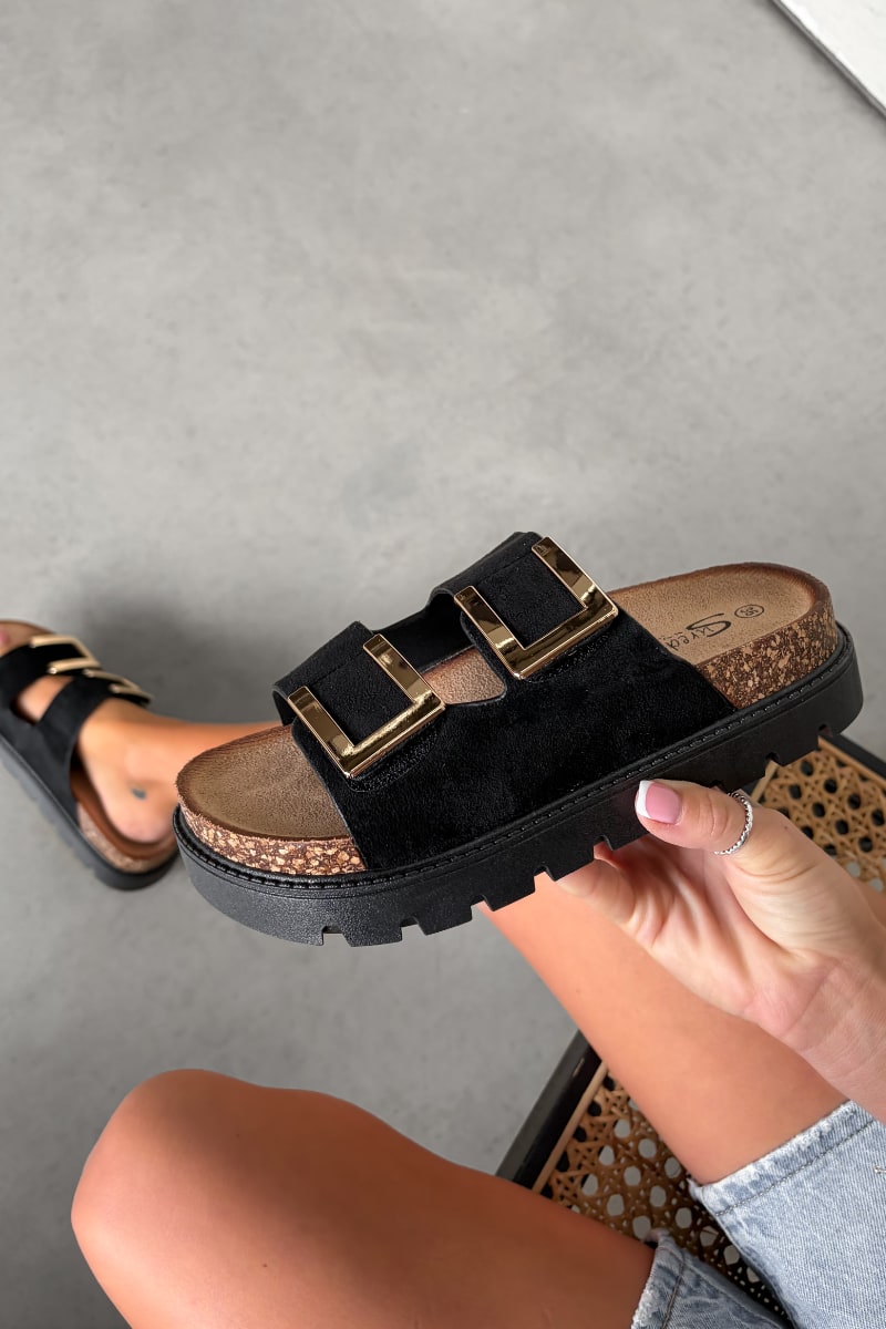 Sandalias Marina con Hebilla Dorada - Negro