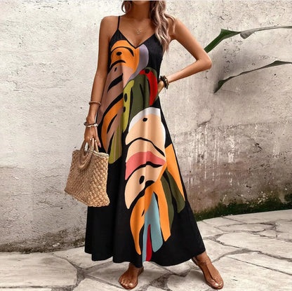 Vestido halter ultralargo de verano con estampado de hojas, escote en V, sin mangas, tirantes ajustables y bolsillos laterales