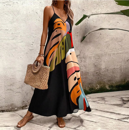 Vestido halter ultralargo de verano con estampado de hojas, escote en V, sin mangas, tirantes ajustables y bolsillos laterales
