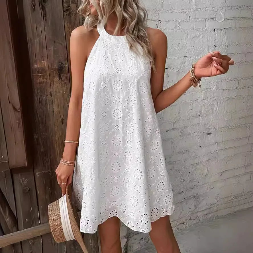 Vestido maxi para mujer 2026, blanco con estampado floral y recortes, escote halter, sin mangas, bohemio para playa y vacaciones, con dobladillo irregular