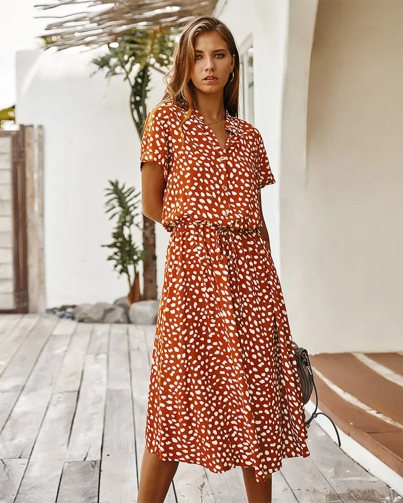 Vestido vintage con estampado floral para mujer, bohemio, de manga corta, largo, cuello abatible, casual, con cintura, vestidos tipo camisa y bata, verano de 2021