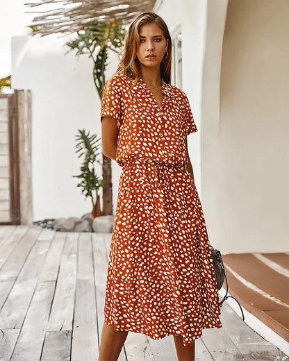 Vestido vintage con estampado floral para mujer, bohemio, de manga corta, largo, cuello abatible, casual, con cintura, vestidos tipo camisa y bata, verano de 2021