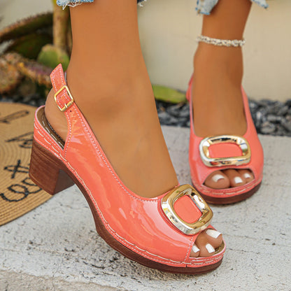 Sandalias de cuero patentado sexy con tacón grueso y plataforma, para mujer, con aro de metal, puntera abierta y correa trasera, de verano