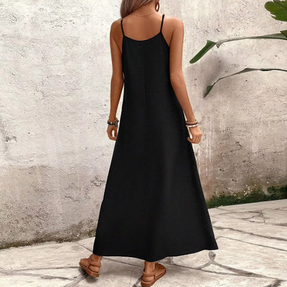 Vestido halter ultralargo de verano con estampado de hojas, escote en V, sin mangas, tirantes ajustables y bolsillos laterales