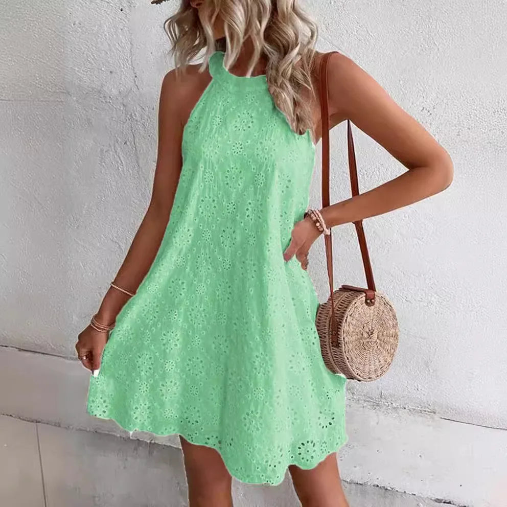 Vestido maxi para mujer 2026, blanco con estampado floral y recortes, escote halter, sin mangas, bohemio para playa y vacaciones, con dobladillo irregular
