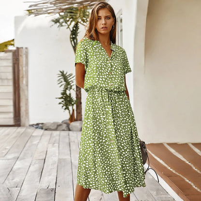 Vestido vintage con estampado floral para mujer, bohemio, de manga corta, largo, cuello abatible, casual, con cintura, vestidos tipo camisa y bata, verano de 2021