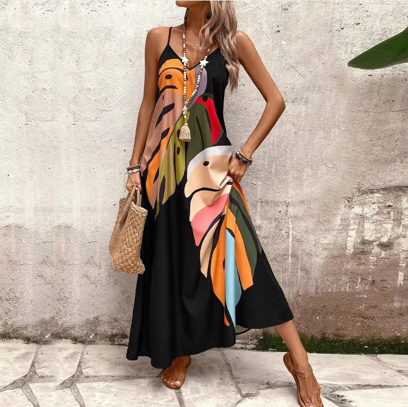Vestido halter ultralargo de verano con estampado de hojas, escote en V, sin mangas, tirantes ajustables y bolsillos laterales