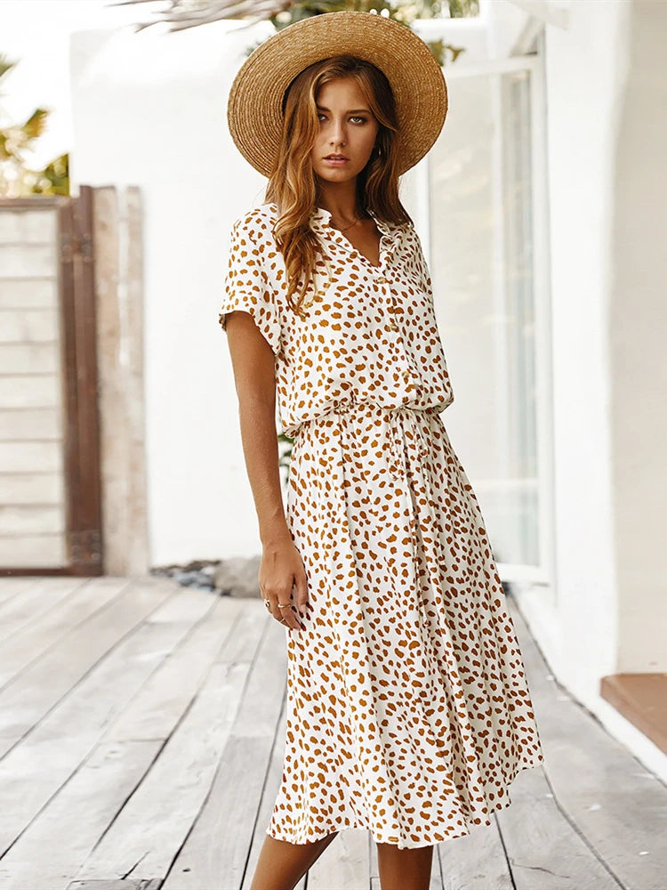 Vestido vintage con estampado floral para mujer, bohemio, de manga corta, largo, cuello abatible, casual, con cintura, vestidos tipo camisa y bata, verano de 2021