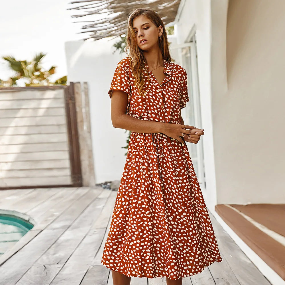 Vestido vintage con estampado floral para mujer, bohemio, de manga corta, largo, cuello abatible, casual, con cintura, vestidos tipo camisa y bata, verano de 2021