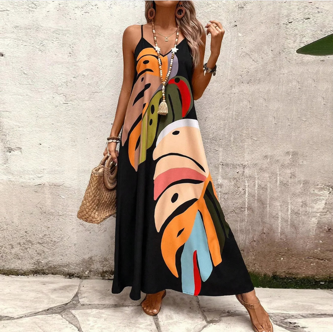 Vestido halter ultralargo de verano con estampado de hojas, escote en V, sin mangas, tirantes ajustables y bolsillos laterales