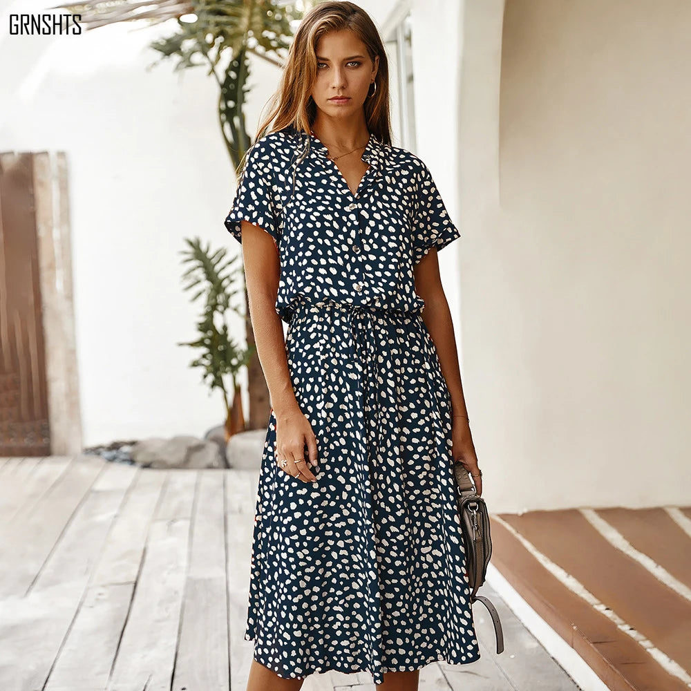 Vestido vintage con estampado floral para mujer, bohemio, de manga corta, largo, cuello abatible, casual, con cintura, vestidos tipo camisa y bata, verano de 2021