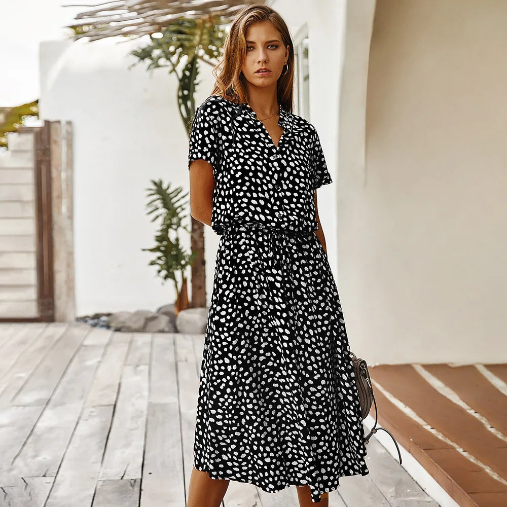 Vestido vintage con estampado floral para mujer, bohemio, de manga corta, largo, cuello abatible, casual, con cintura, vestidos tipo camisa y bata, verano de 2021