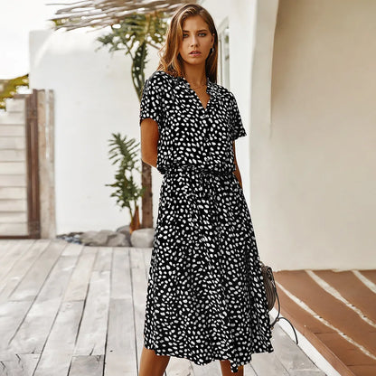 Vestido vintage con estampado floral para mujer, bohemio, de manga corta, largo, cuello abatible, casual, con cintura, vestidos tipo camisa y bata, verano de 2021