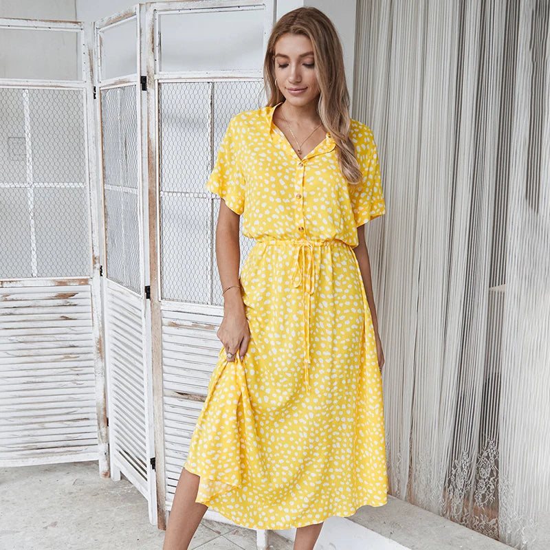 Vestido vintage con estampado floral para mujer, bohemio, de manga corta, largo, cuello abatible, casual, con cintura, vestidos tipo camisa y bata, verano de 2021