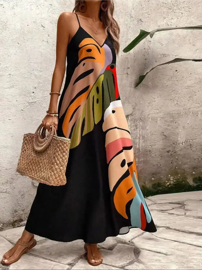 Vestido halter ultralargo de verano con estampado de hojas, escote en V, sin mangas, tirantes ajustables y bolsillos laterales