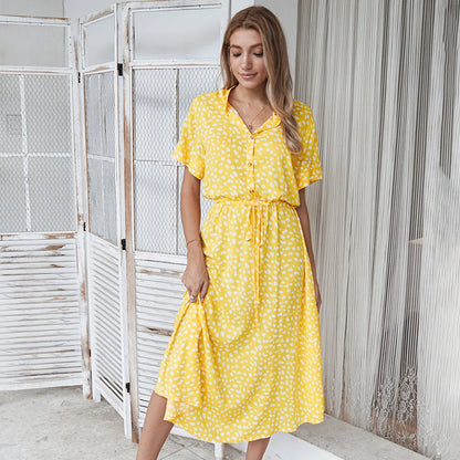 Vestido vintage con estampado floral para mujer, bohemio, de manga corta, largo, cuello abatible, casual, con cintura, vestidos tipo camisa y bata, verano de 2021