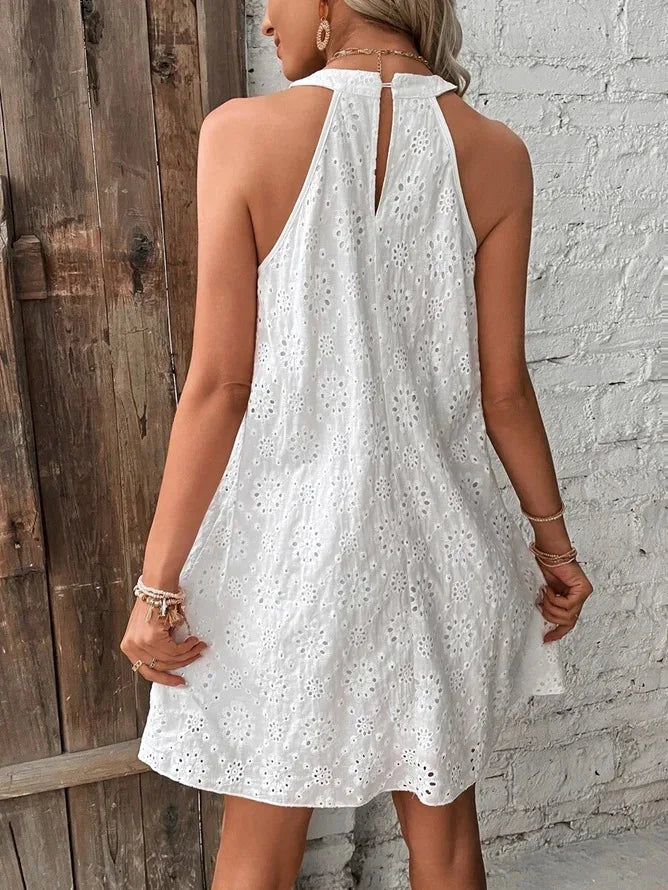 Vestido maxi para mujer 2026, blanco con estampado floral y recortes, escote halter, sin mangas, bohemio para playa y vacaciones, con dobladillo irregular