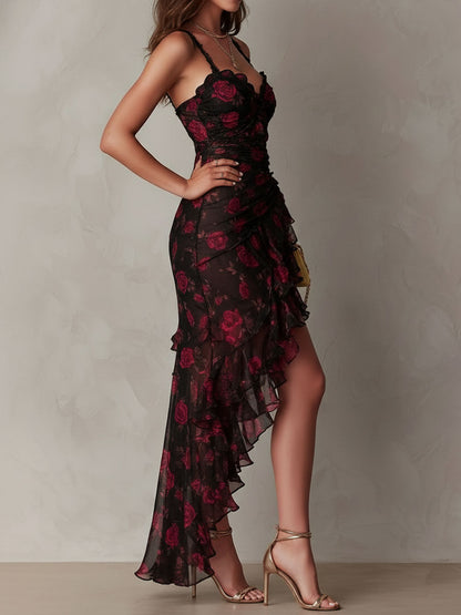 Lowe | Vestido Floral Fruncido con Bajo de Volantes