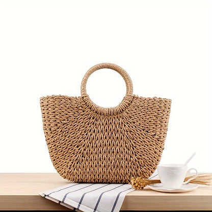 Serenella | Bolso en media luna de paja trenzada color cognac