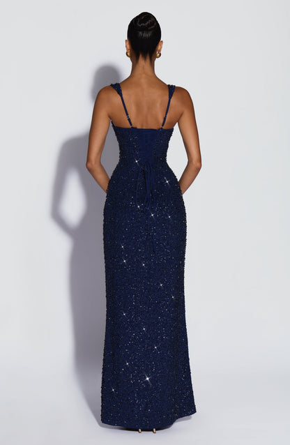 Vestido maxi Calanthe - Azul marino con brillo