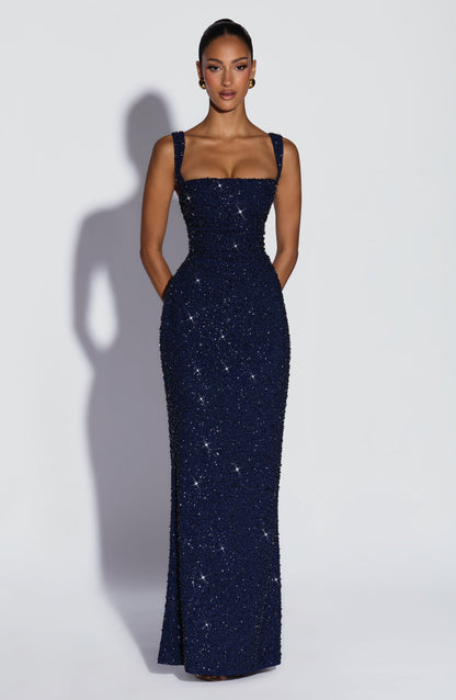 Vestido maxi Calanthe - Azul marino con brillo