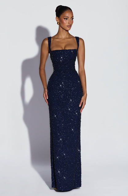 Vestido maxi Calanthe - Azul marino con brillo