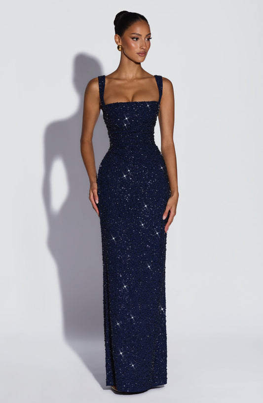 Vestido maxi Calanthe - Azul marino con brillo