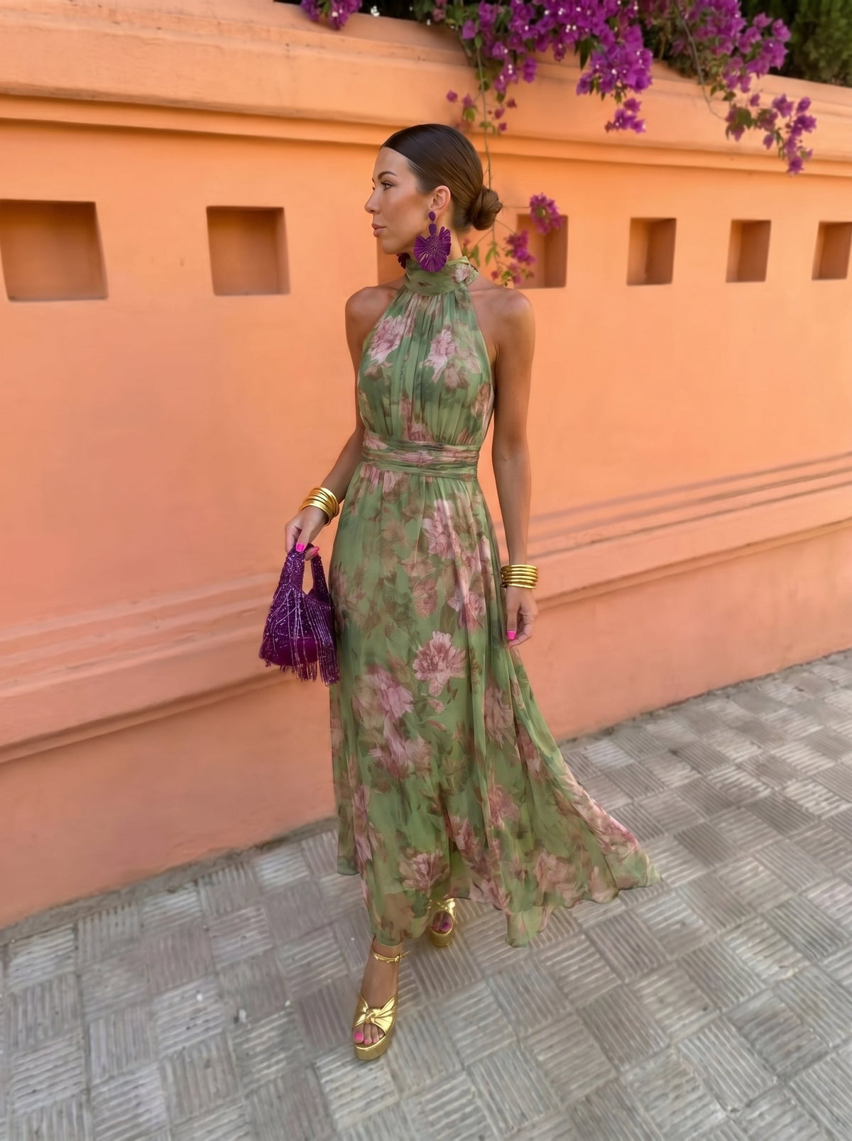 Vestido largo floral escote profundo verde - Florencia Elena Vogue